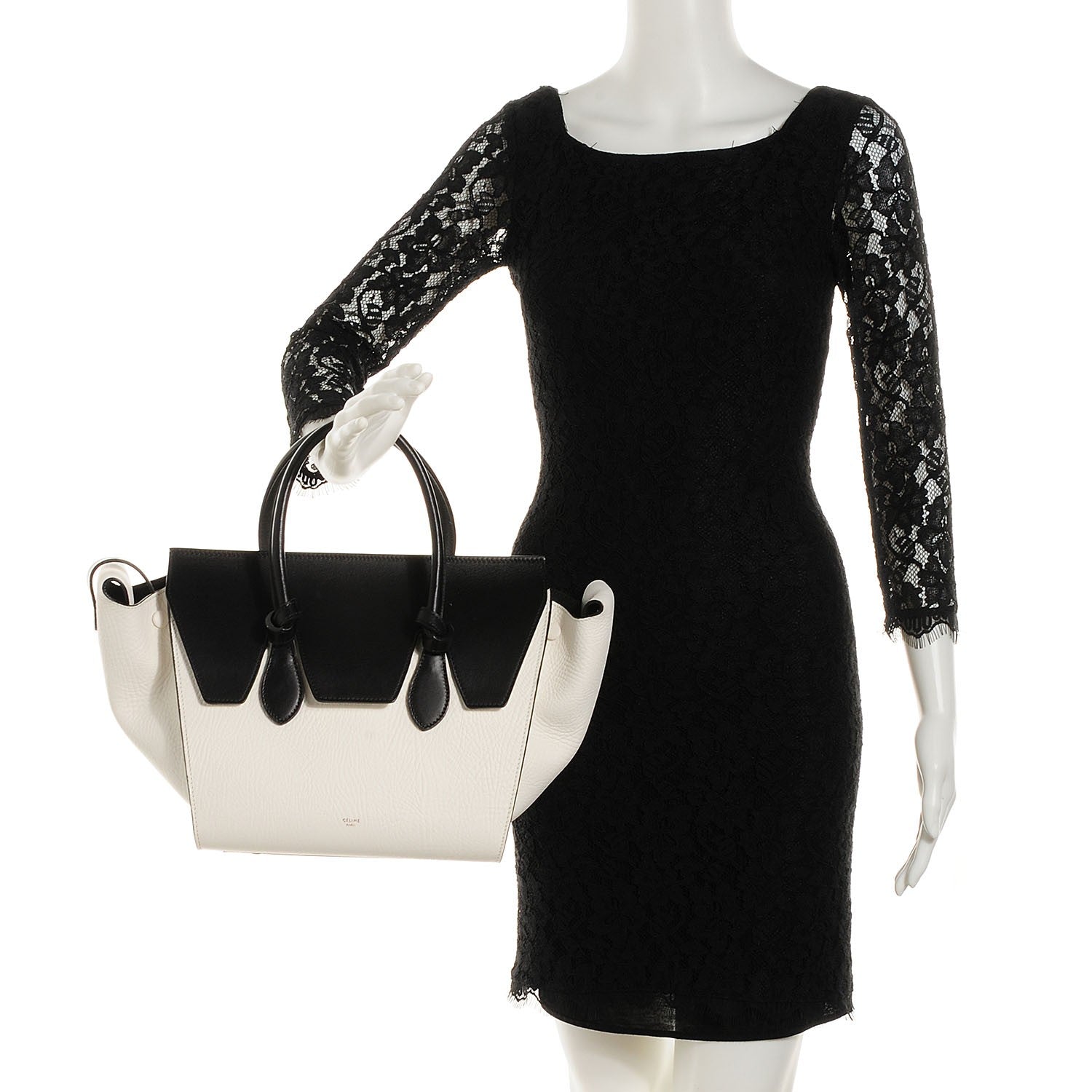 Celine Elephant Calfskin Small Bi-Color Tie Knot Tote White Black 2 of 7