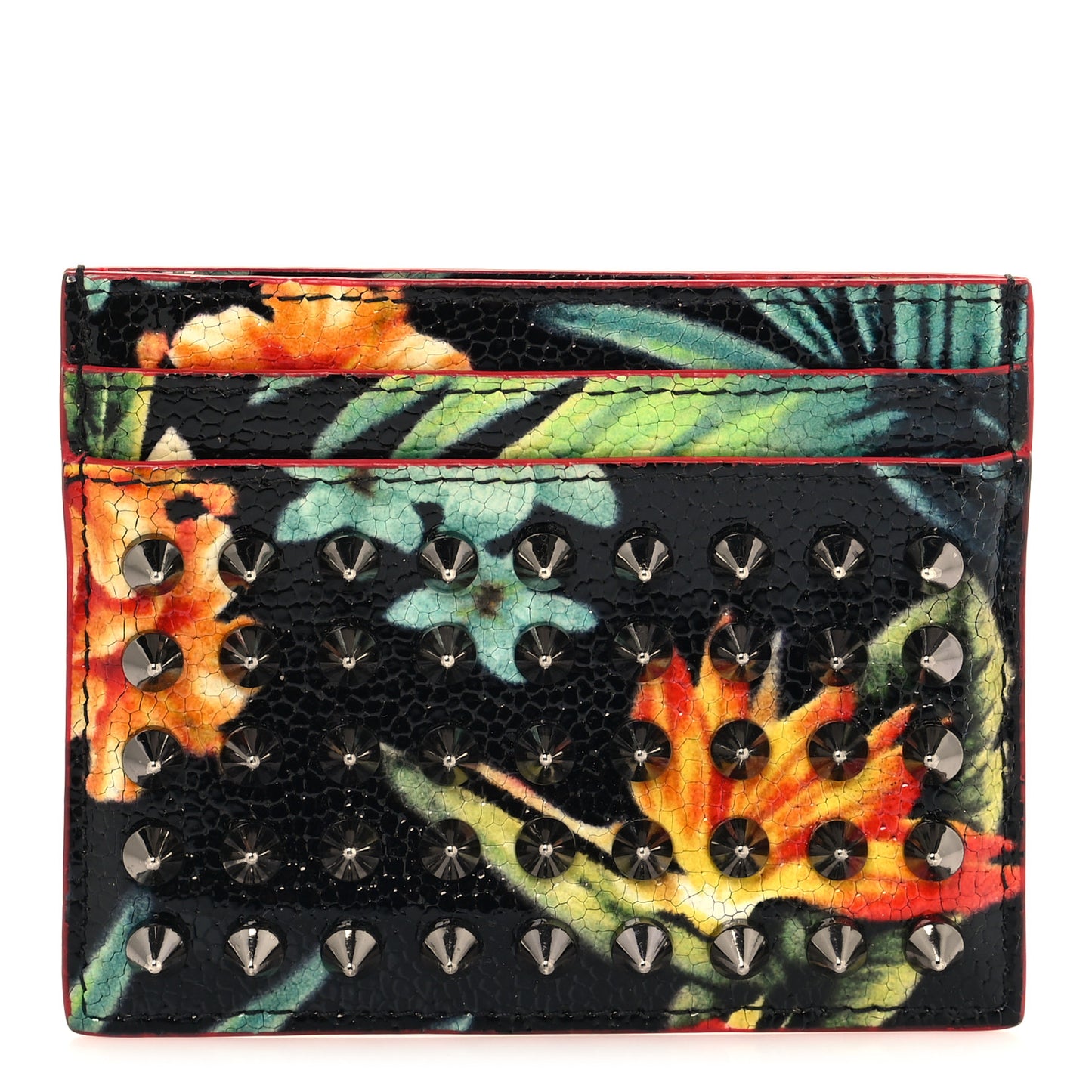 Crackled Calfskin Hawaii Print Paros Spikes Card Holder Black Gunmetal