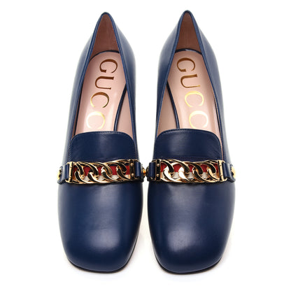 Gucci Malaga Kid Sylvie Web Chain Mid Heel Loafers 39 Blue Agata 7 of 11
