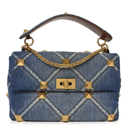 Valentino Garavani Denim Large Roman Stud Shoulder Bag Light Denim Selleria 1 of 9