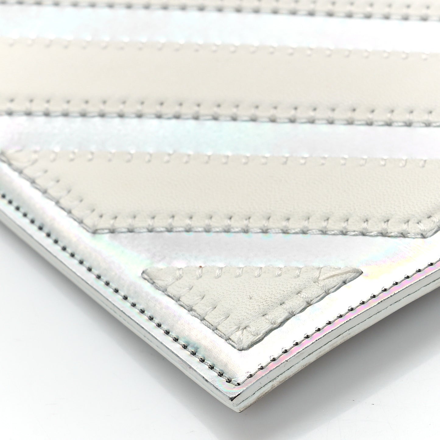 Lambskin Metallic Chevron Zip Pouch White Silver