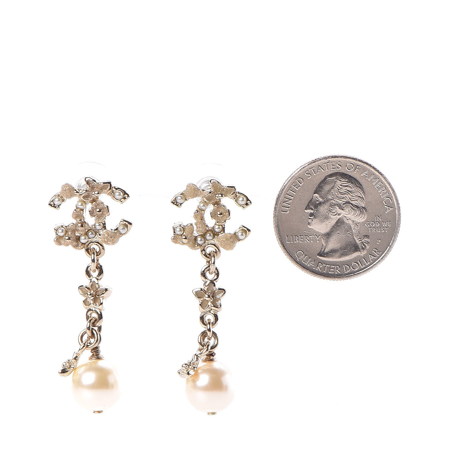 Chanel Pearl Crystal CC Flower Drop Earrings Gold White Nacre 2 of 5