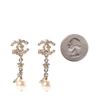 Chanel Pearl Crystal CC Flower Drop Earrings Gold White Nacre 2 of 5