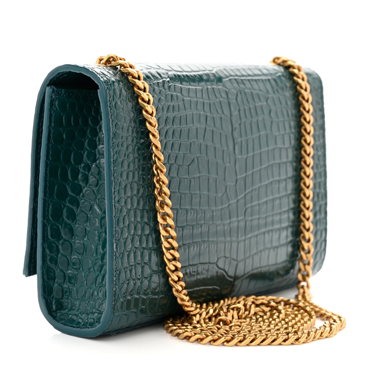 Calfskin Crocodile Embossed Small Classic Monogram Kate Tassel Satchel Dark Green