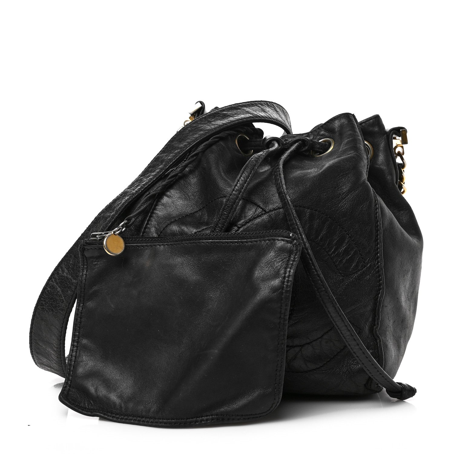 Chanel Lambskin CC Stitched Drawstring Bucket Bag Black 1 of 9