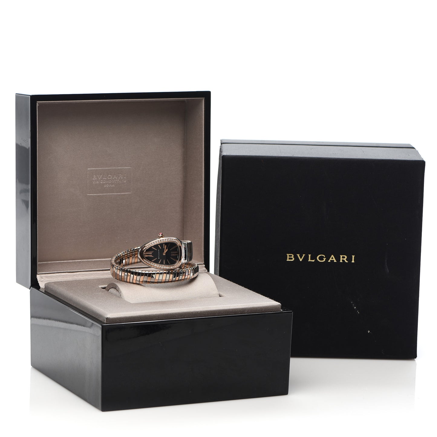 Stainless Steel 18K Rose Gold Diamond Bezel 35mm Serpenti Tubogas Quartz Watch Black