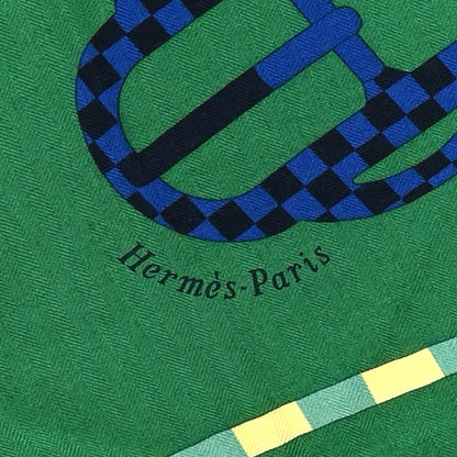 Hermes Cashmere Silk Bouclerie Moderne En Casaque Giant Triangle Scarf Vert Emeraude Bleu 3 of 4