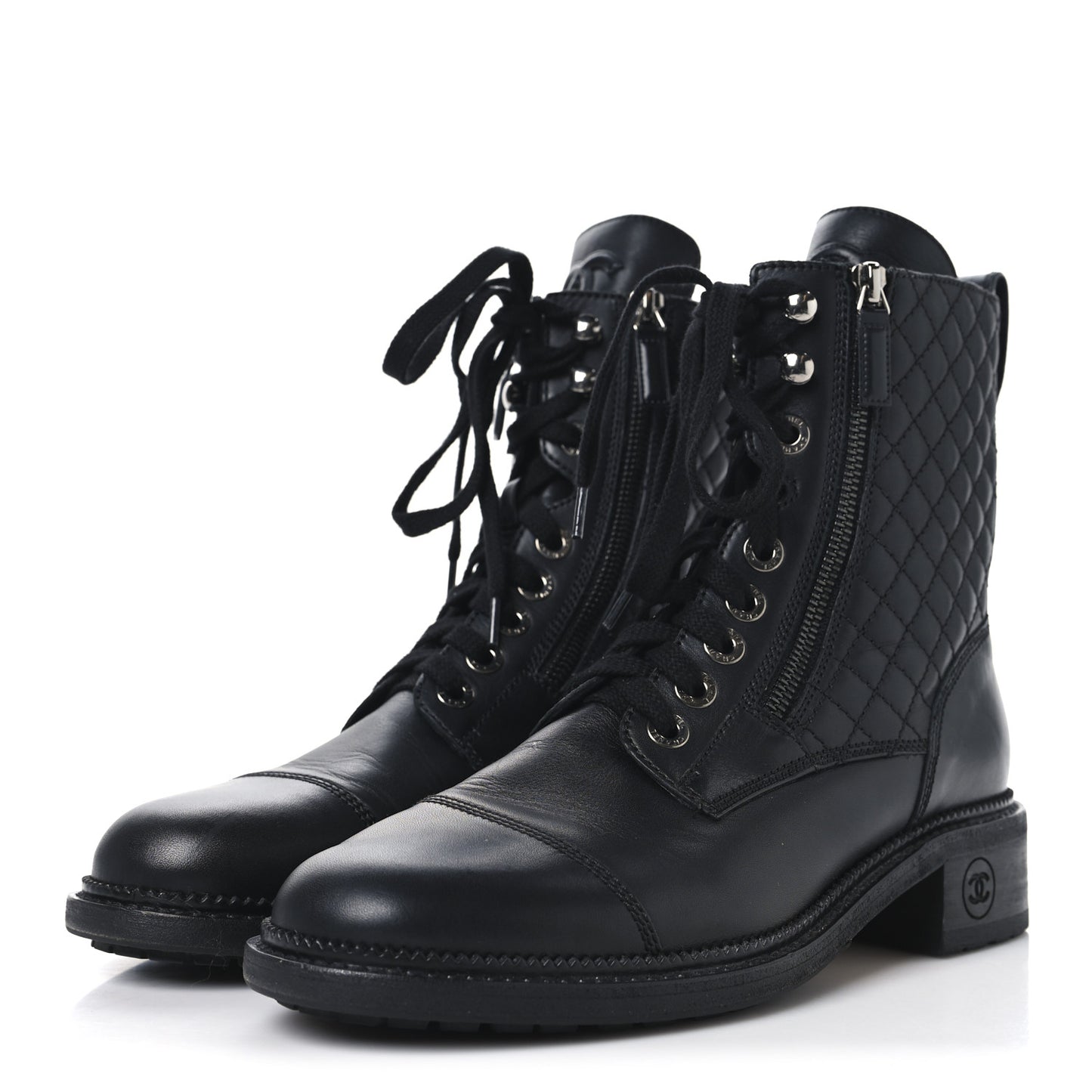 Calfskin Quilted Lace Up Combat Boots 40 Black