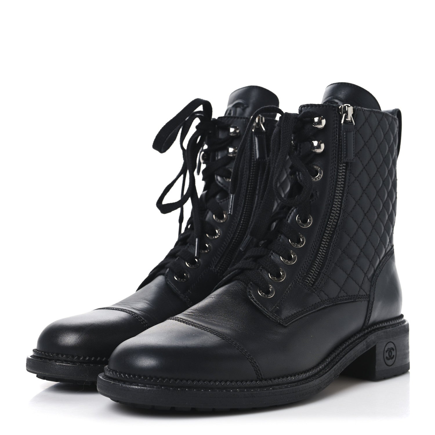 Chanel Calfskin Quilted Lace Up Combat Boots 40 Black 4 of 12