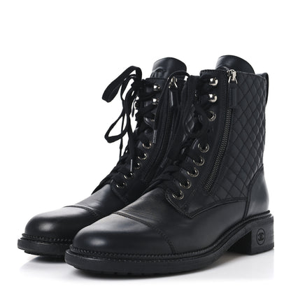 Chanel Calfskin Quilted Lace Up Combat Boots 40 Black 4 of 12