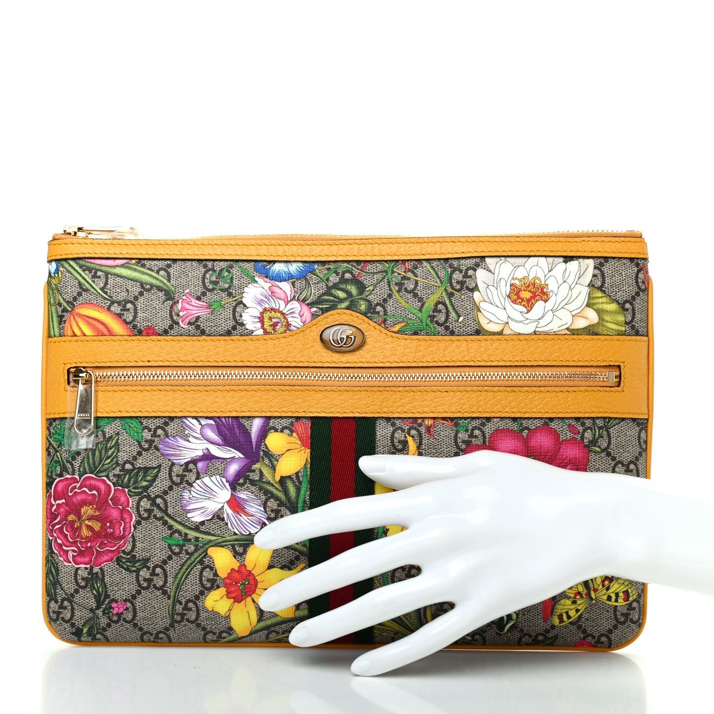 GG Supreme Monogram Flora Large Ophidia Pouch Clutch Beige Multicolor Crop