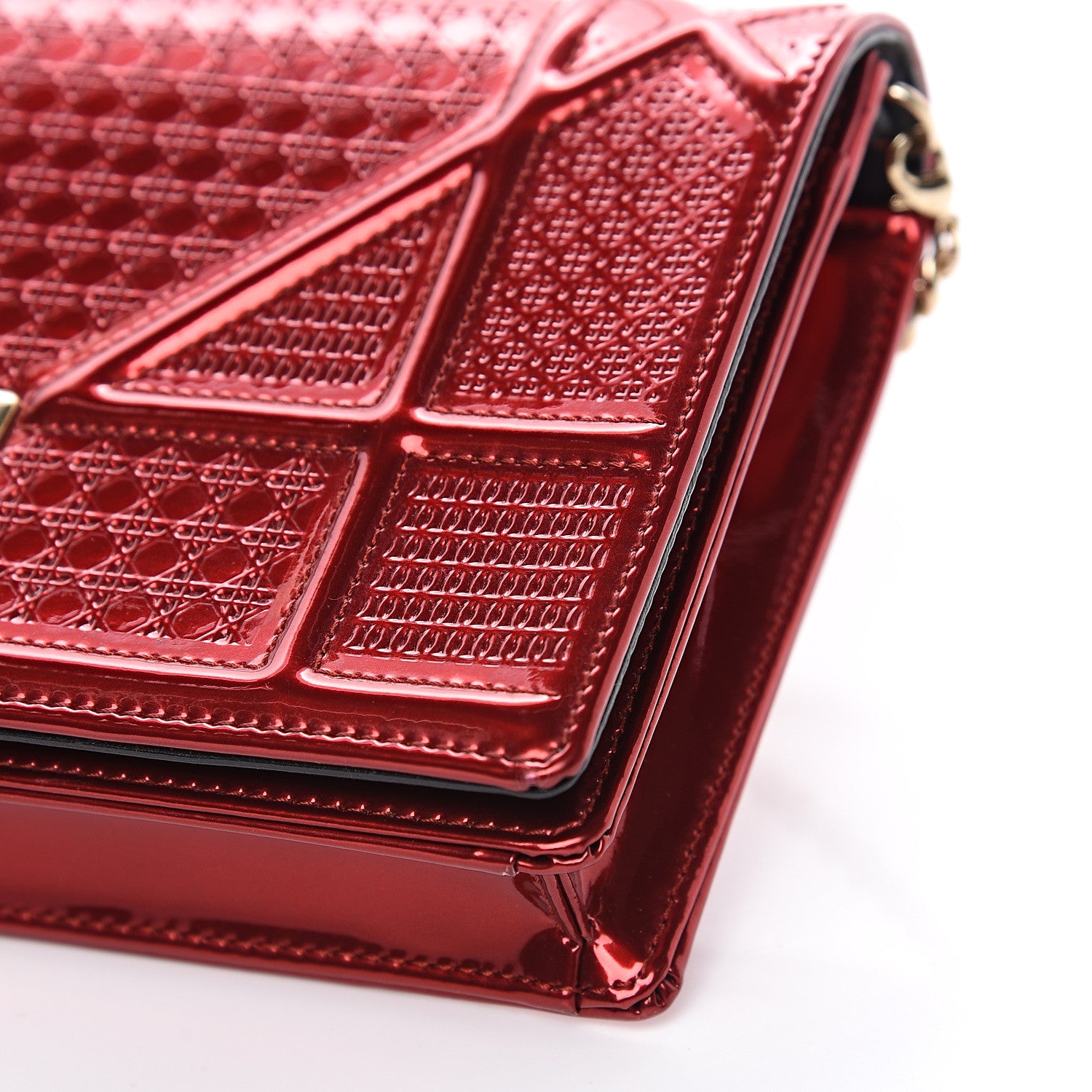 Christian Dior Metallic Patent Micro-Cannage Diorama Wallet on Chain Pouch Red 7 of 11