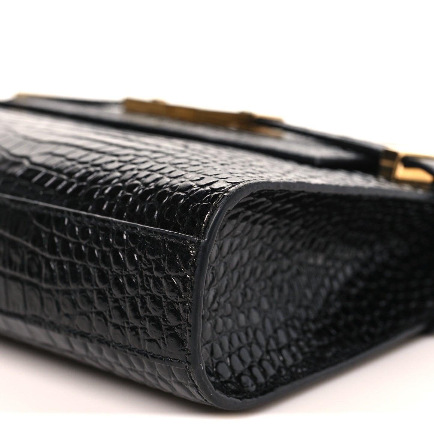 Shiny Calfskin Crocodile Embossed Small Manhattan Baguette Black
