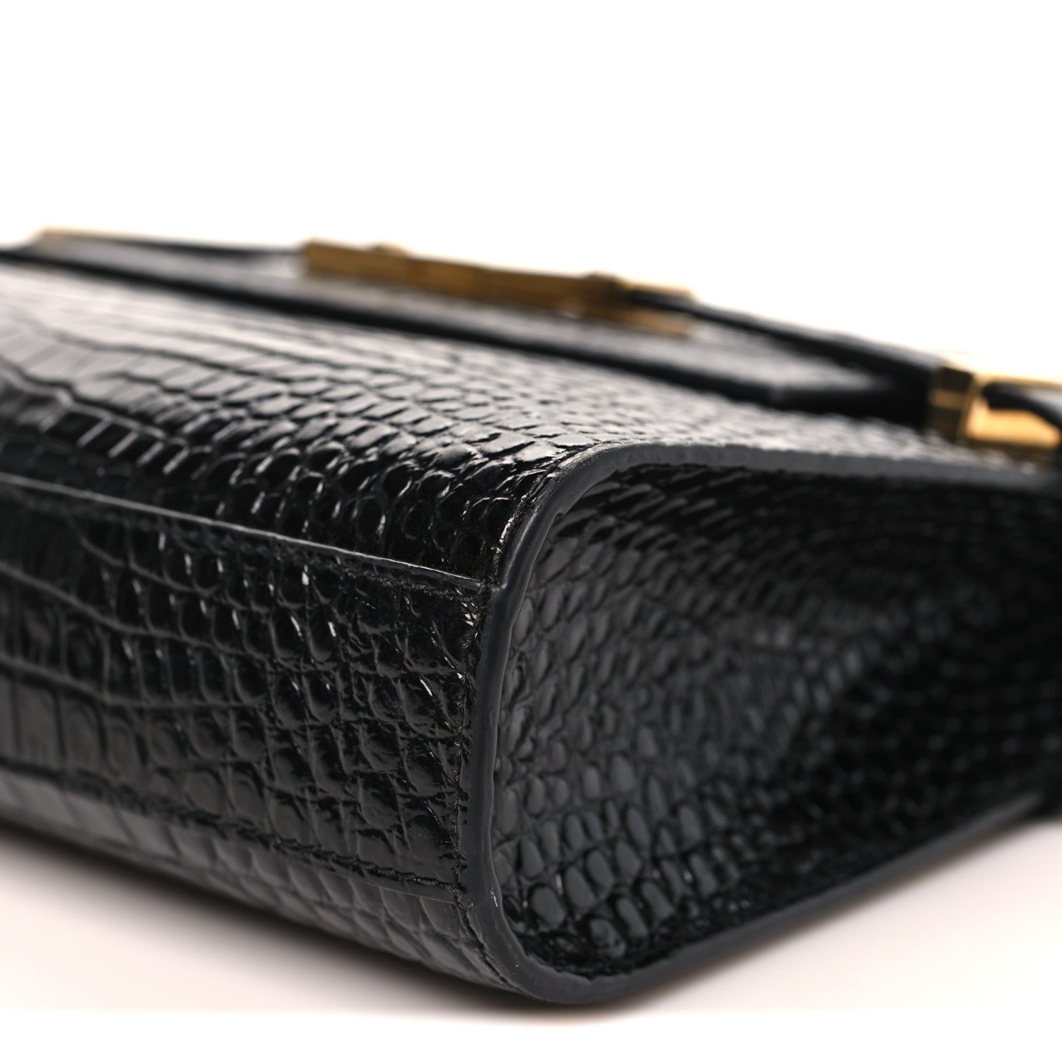 Saint Laurent Shiny Calfskin Crocodile Embossed Small Manhattan Baguette Black 9 of 9