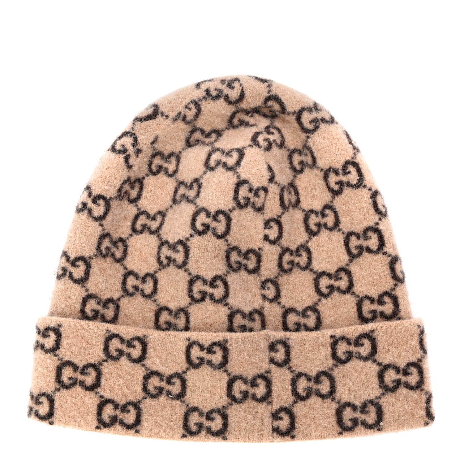 Gucci Wool GG Monogram Fog Tricot Beanie Hat M Beige Dark Brown 2 of 9