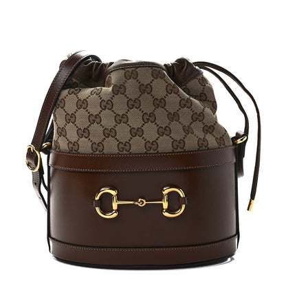 Gucci Monogram Textured Calfskin Horsebit 1955 Drawstring Bucket Bag Beige Brown Sugar 1 of 9