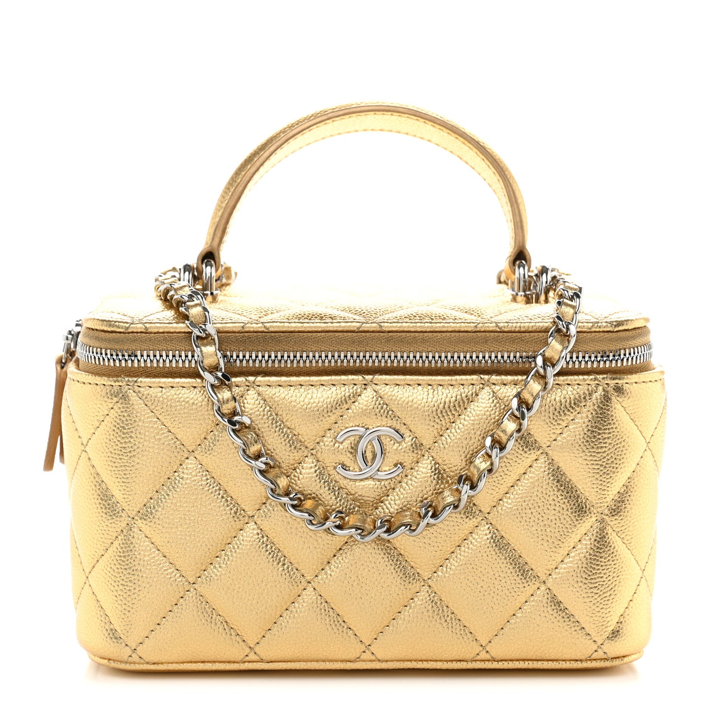 Metallic Caviar Quilted Top Handle Slim Vanity Case With Chain Gold