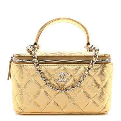 Chanel Metallic Caviar Quilted Top Handle Slim Vanity Case With Chain Gold 1 of 10