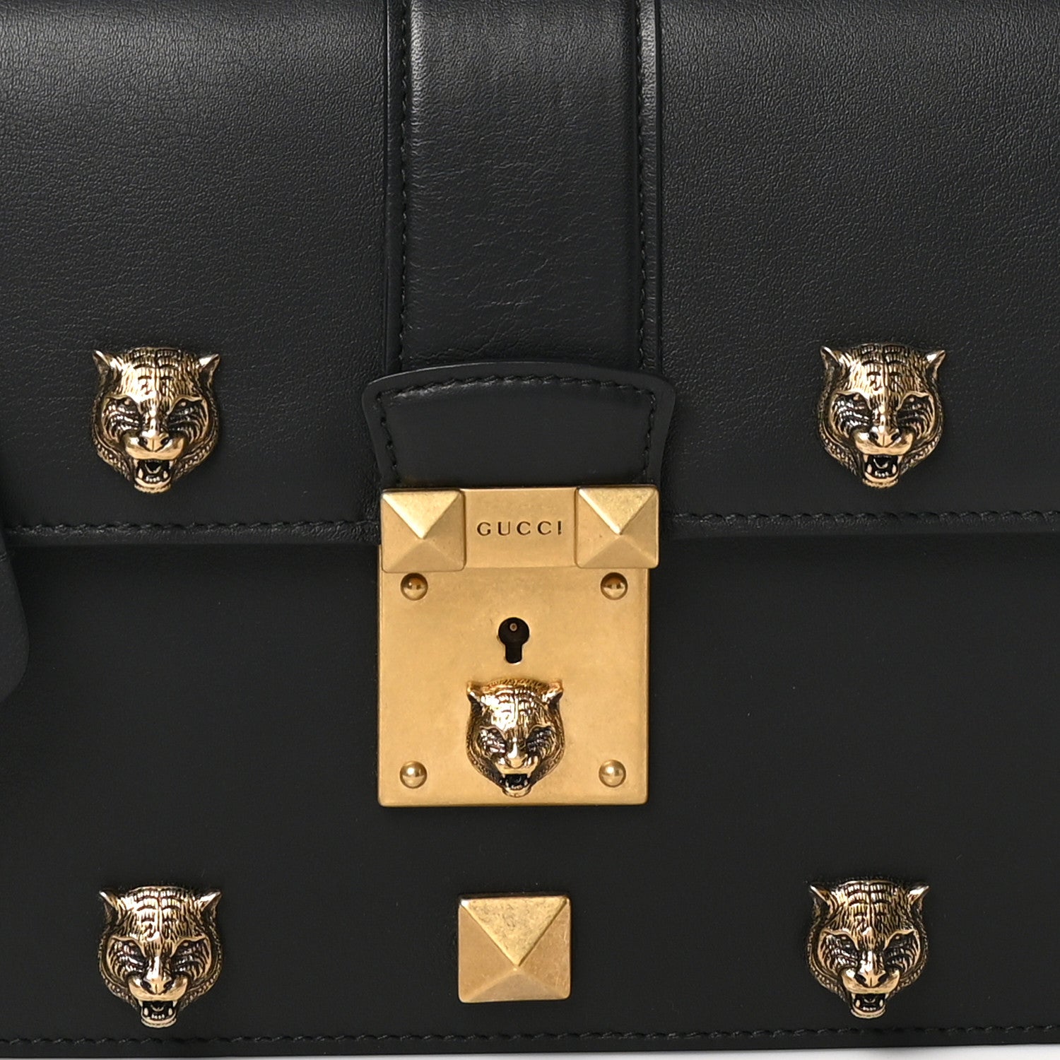 Gucci Calfskin Medium Cat Lock Top Handle Bag Black 8 of 10