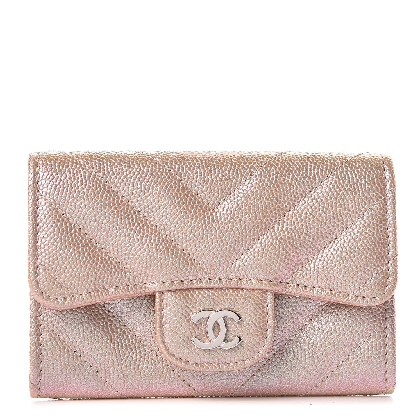 Metallic Caviar Chevron Quilted Flap Card Holder Light Gold