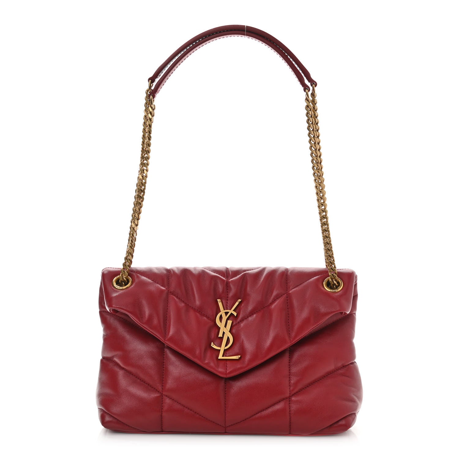 Saint Laurent Lambskin Quilted Small Loulou Puffer Monogram Chain Satchel Red 1 of 10