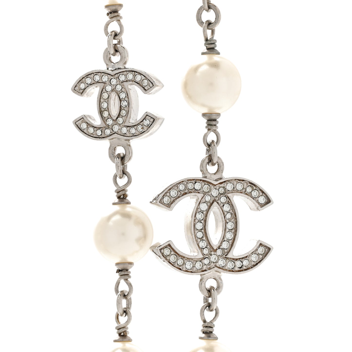 Graduated Pearl Crystal CC Long Necklace Silver