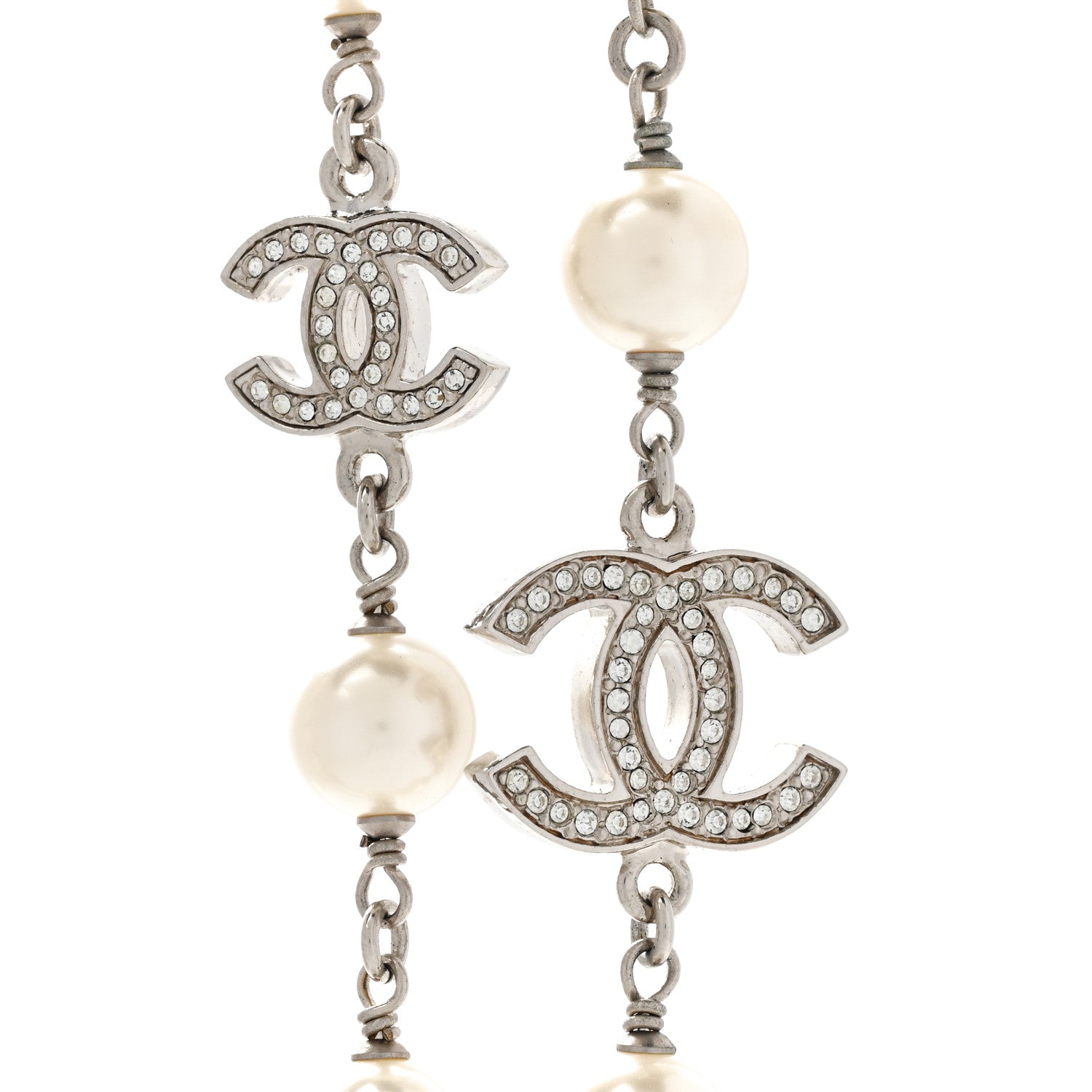 Chanel Graduated Pearl Crystal CC Long Necklace Silver 4 of 8