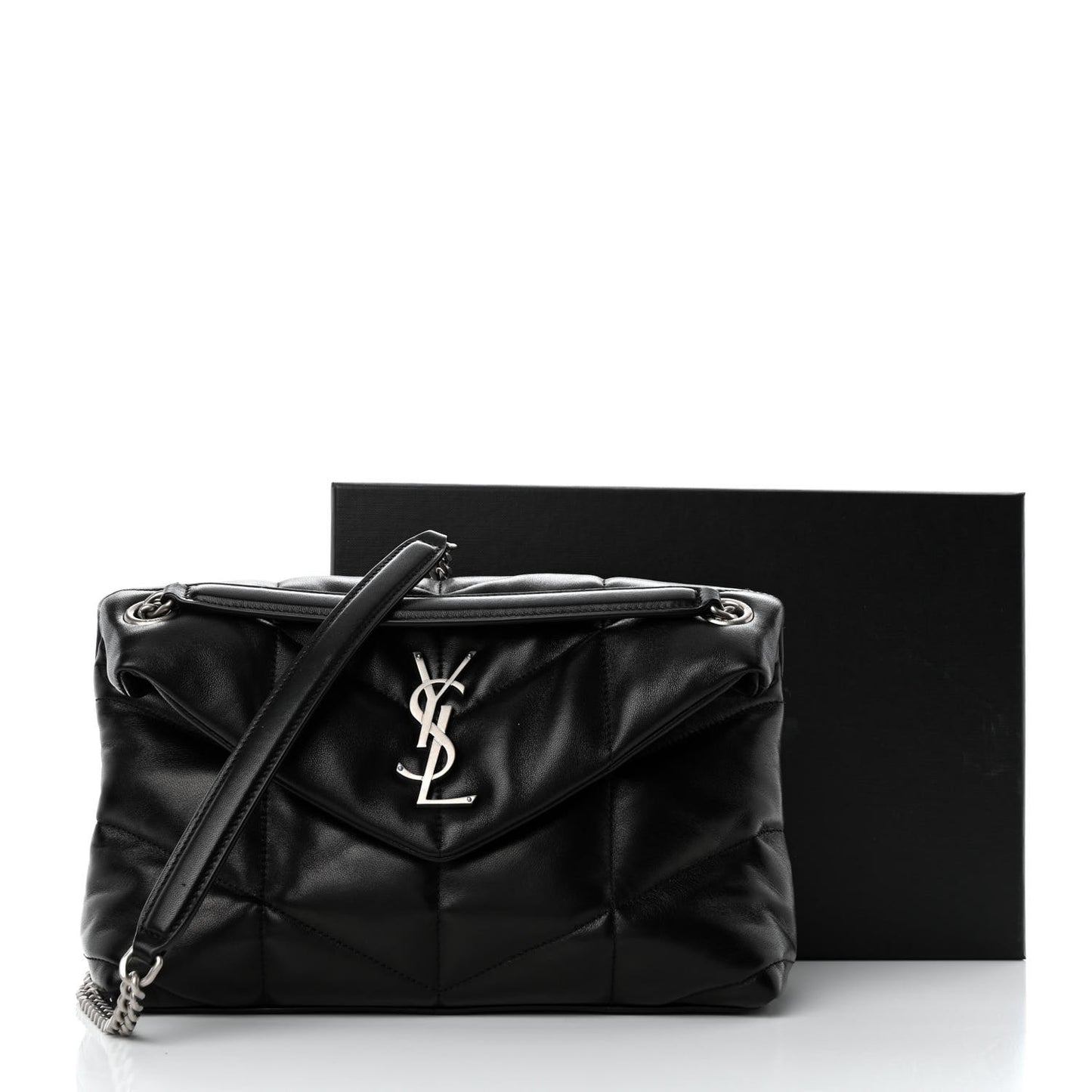 Lambskin Quilted Small Loulou Puffer Monogram Chain Satchel Black