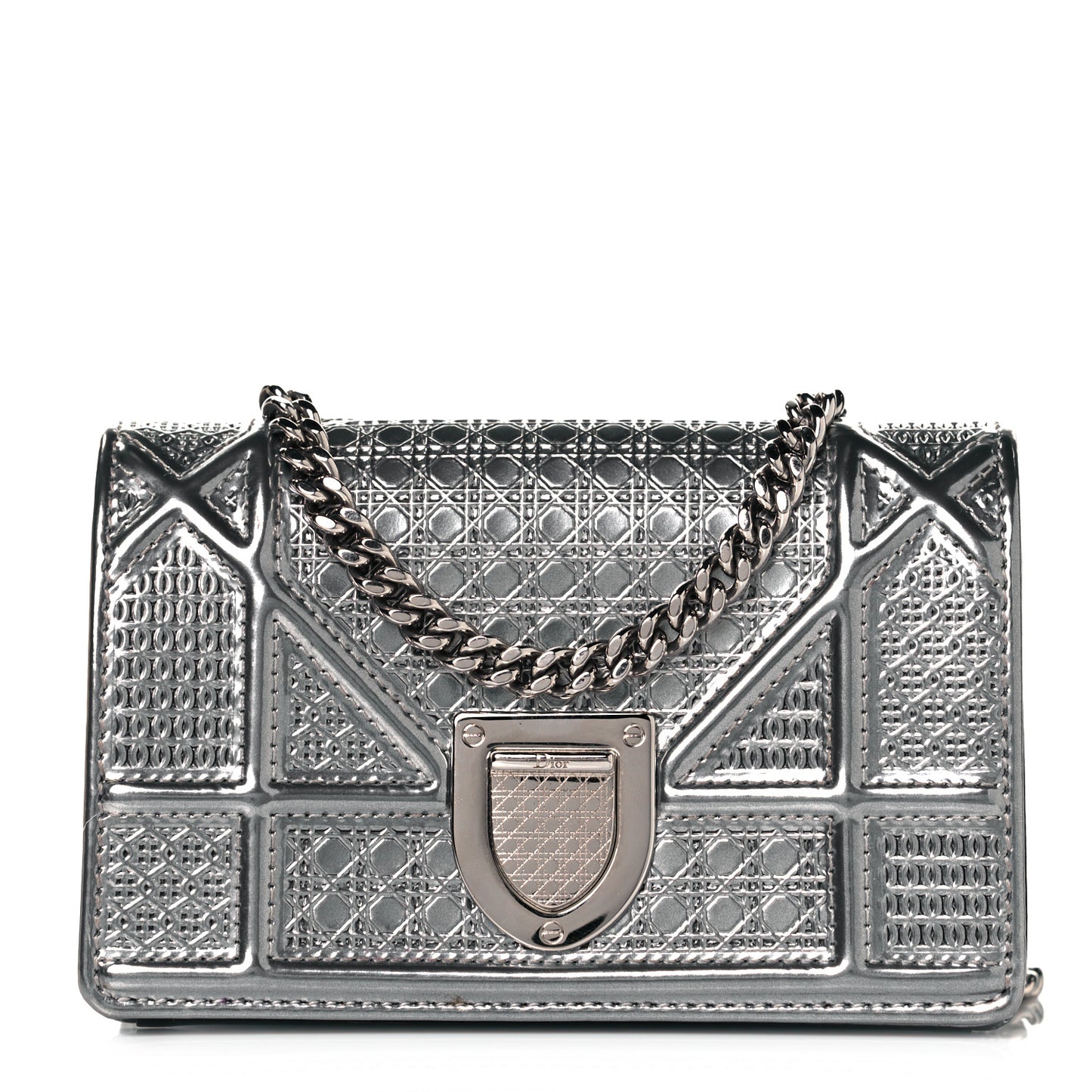 Metallic Patent Micro-Cannage Baby Diorama Flap Bag Silver