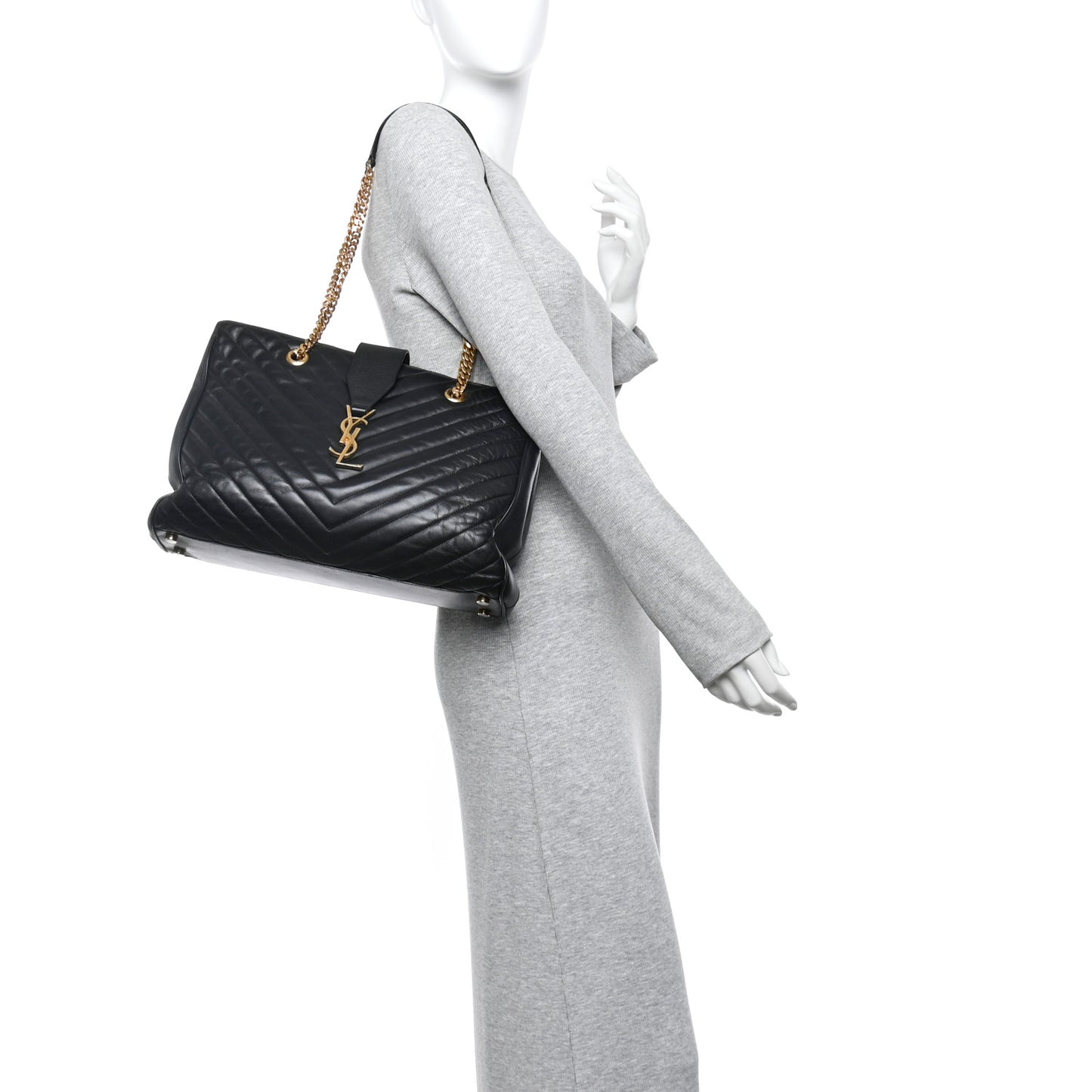 Smooth Calfskin Matelasse Chevron Monogram Shopping Bag Black