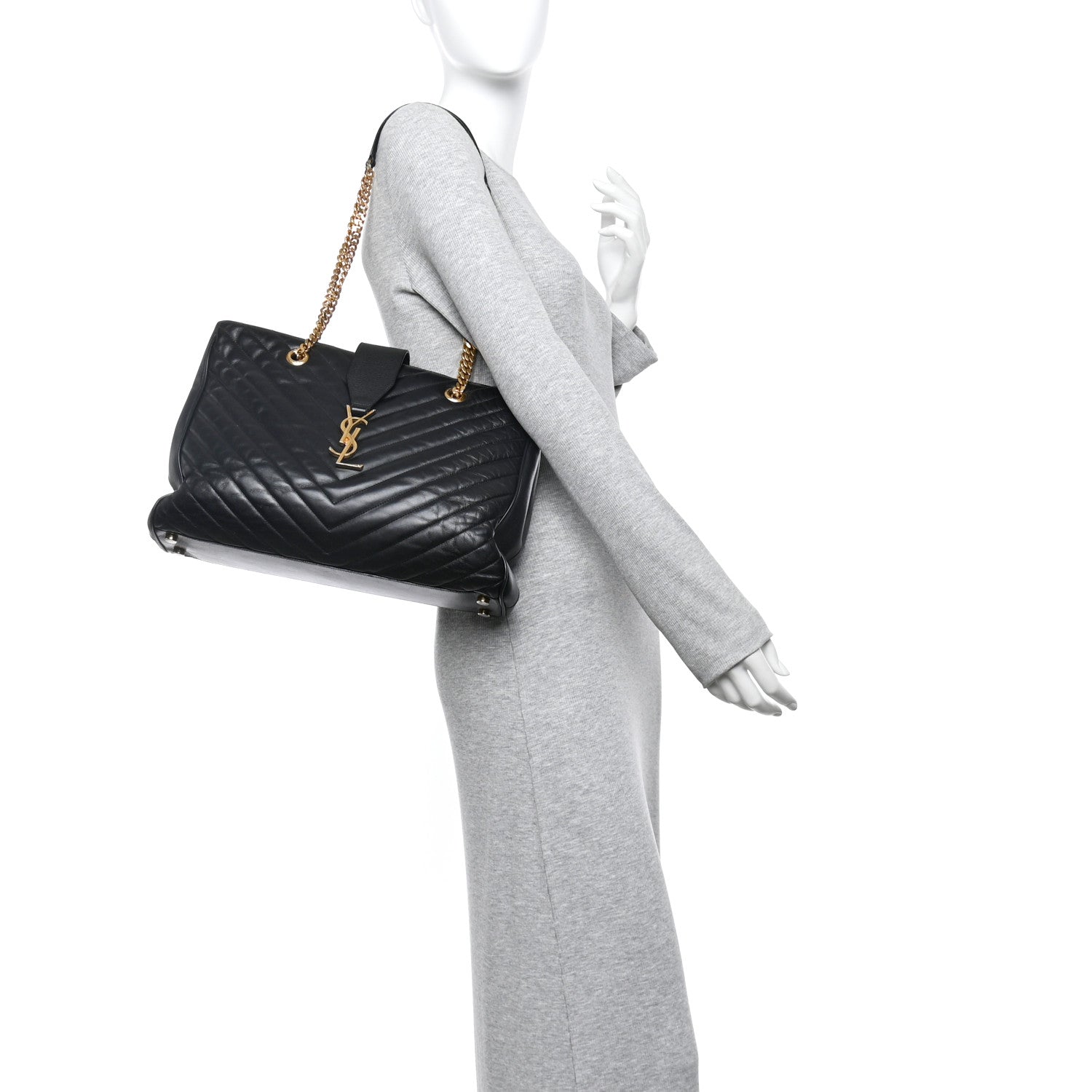 Saint Laurent Smooth Calfskin Matelasse Chevron Monogram Shopping Bag Black 2 of 14
