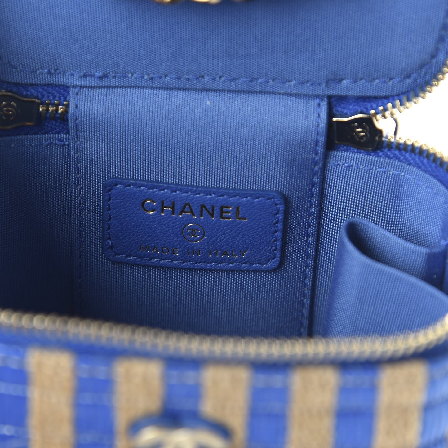 Raffia Jute Striped Mini Vanity Case With Chain Blue Beige