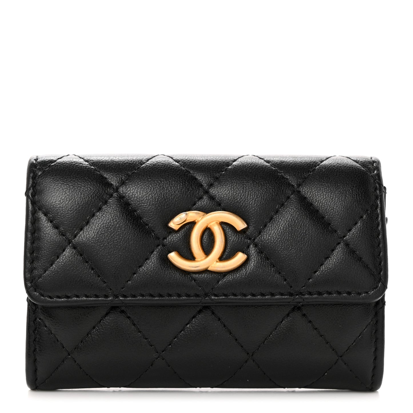 Lambskin Quilted Flap Card Holder Black