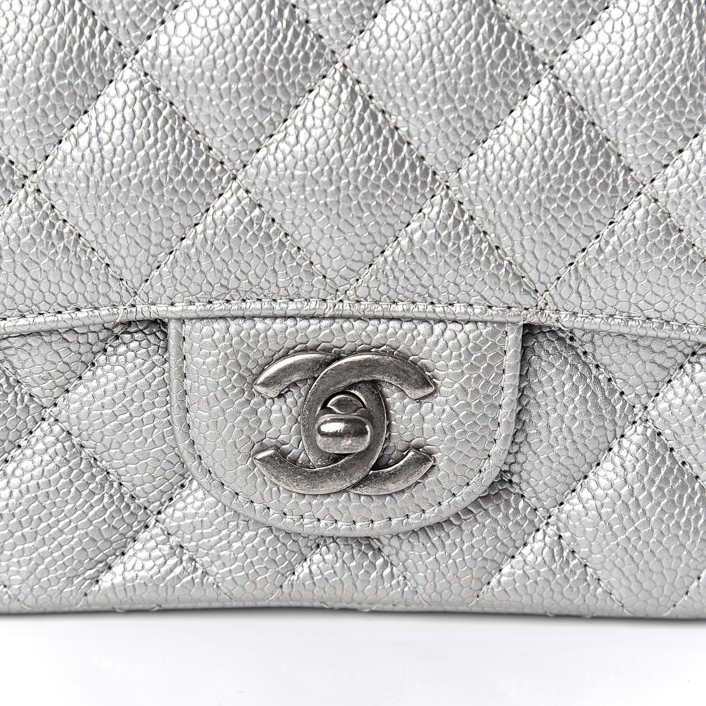 Metallic Caviar Quilted Mini Square Flap Silver