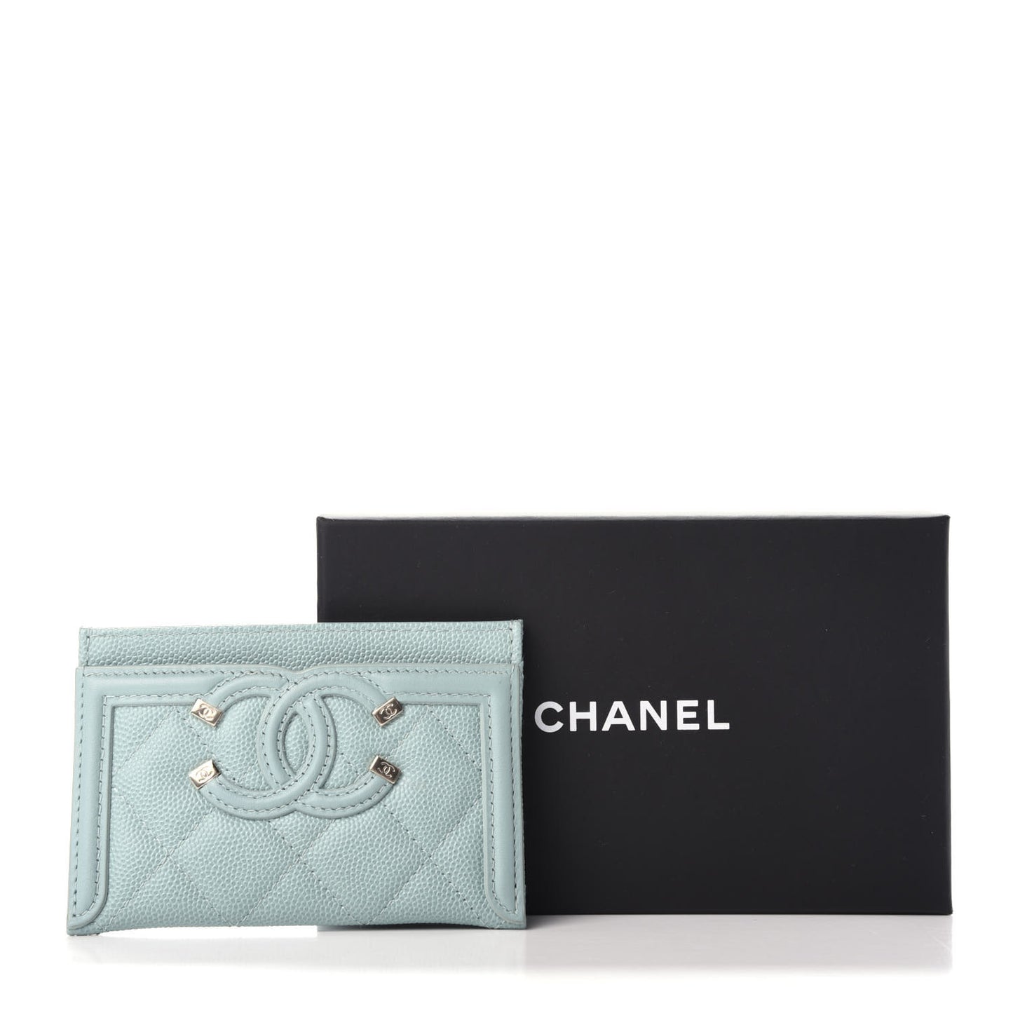 Caviar Quilted Filigree Card Holder Light Blue