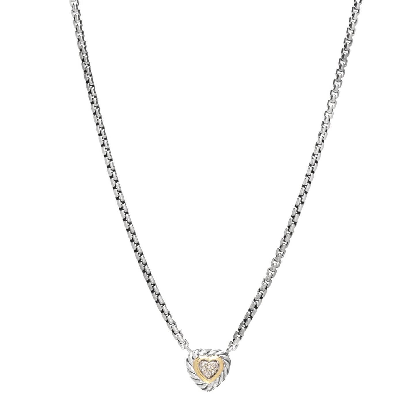 Sterling Silver 18K Yellow Gold Diamond Pave Cable Heart Pendant Necklace