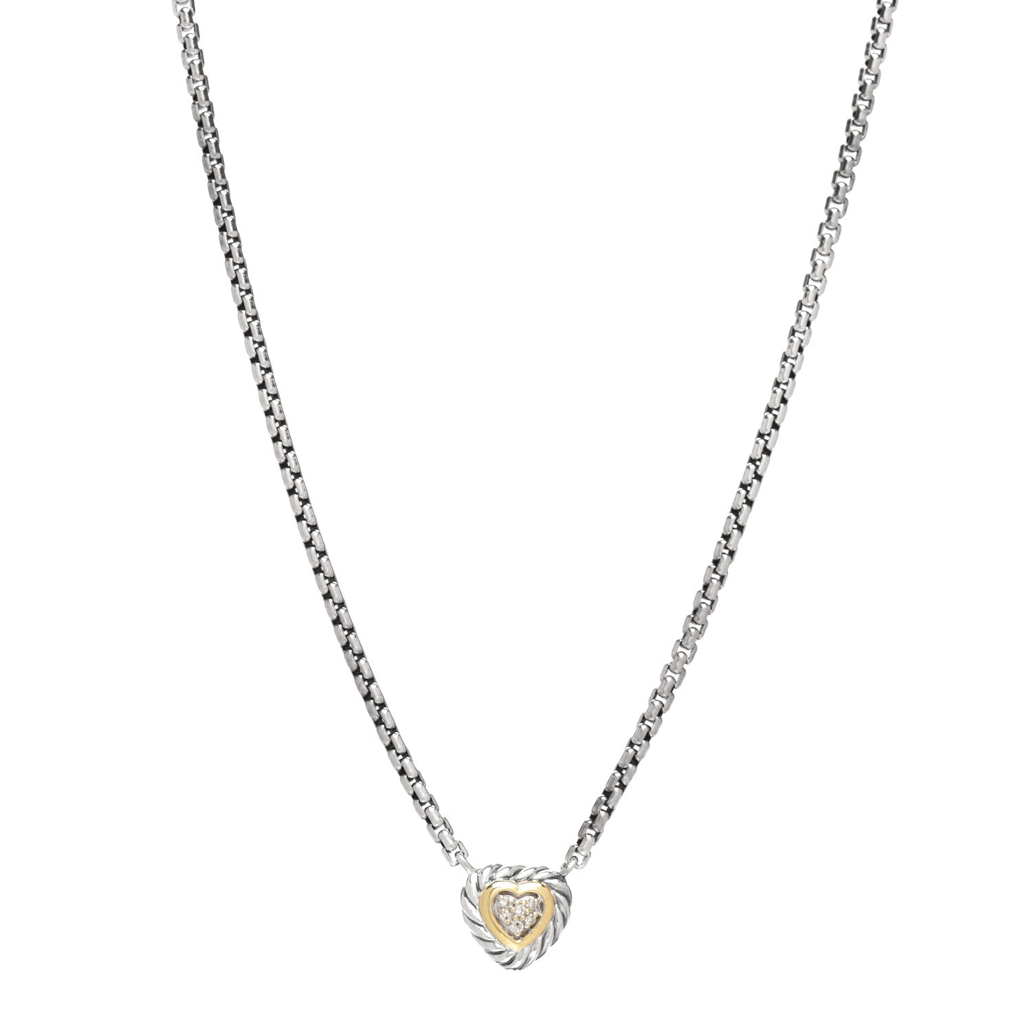 David Yurman Sterling Silver 18K Yellow Gold Diamond Pave Cable Heart Pendant Necklace 1 of 4