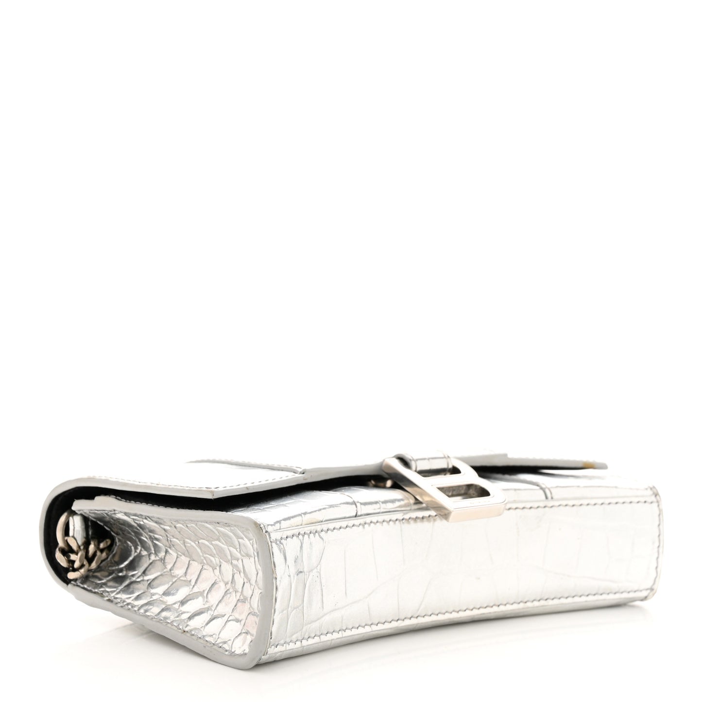 Metallic Calfskin Crocodile Embossed Hourglass Chain Bag Silver