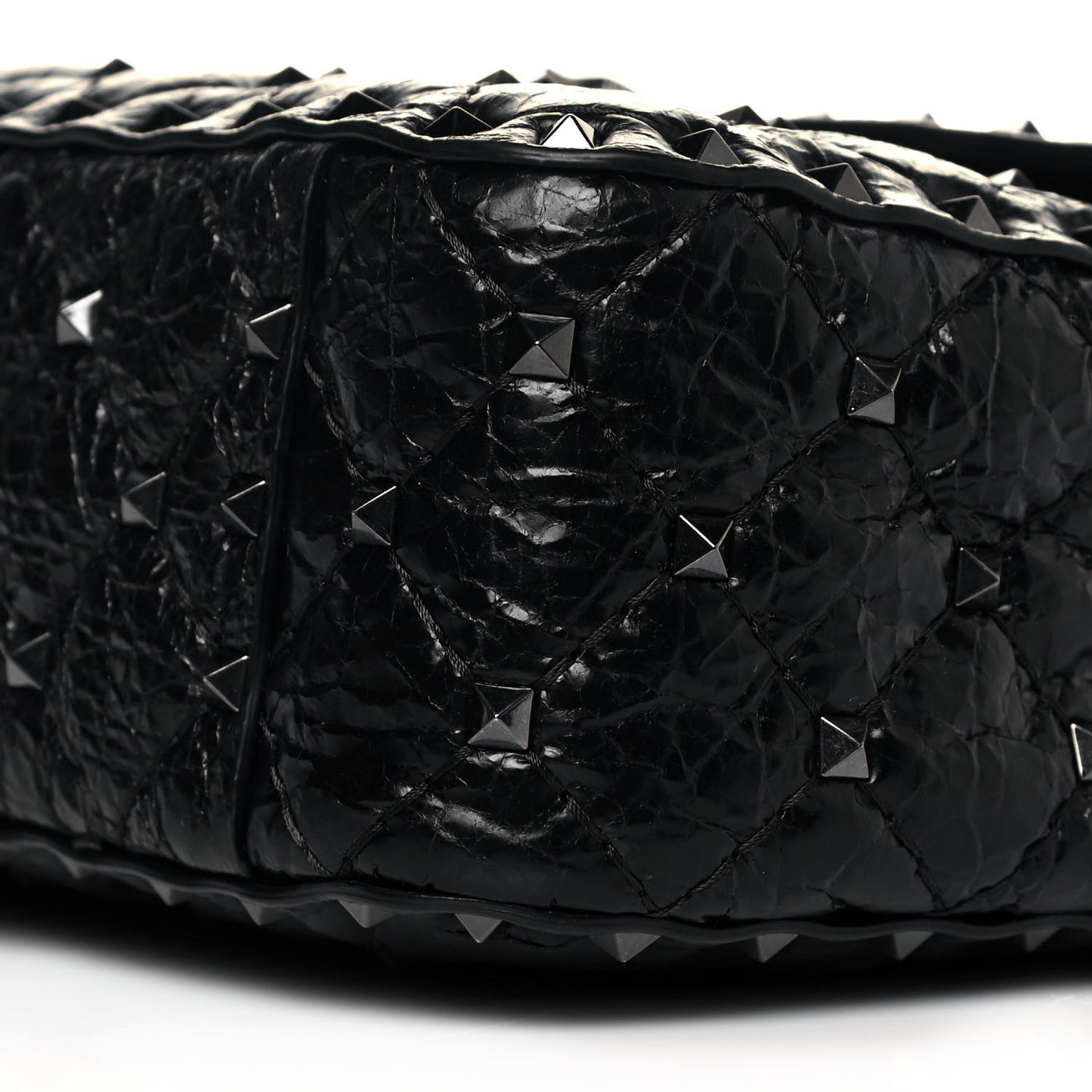 Craquele Nappa Medium Rockstud Spike Shoulder Bag Black