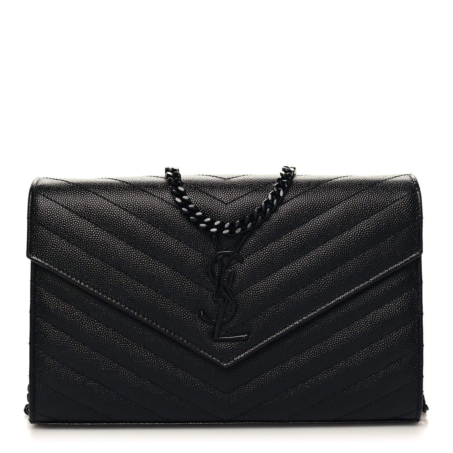 Saint Laurent Grain De Poudre Matelasse Chevron Monogram Monochrome Chain Wallet Black 1 of 11