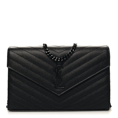 Saint Laurent Grain De Poudre Matelasse Chevron Monogram Monochrome Chain Wallet Black 1 of 11