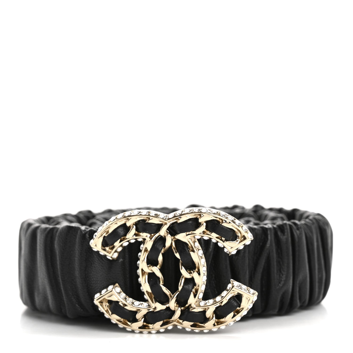 Chanel Lambskin Metal Strass Ruched Chain CC Belt 80 32 Black 1 of 5