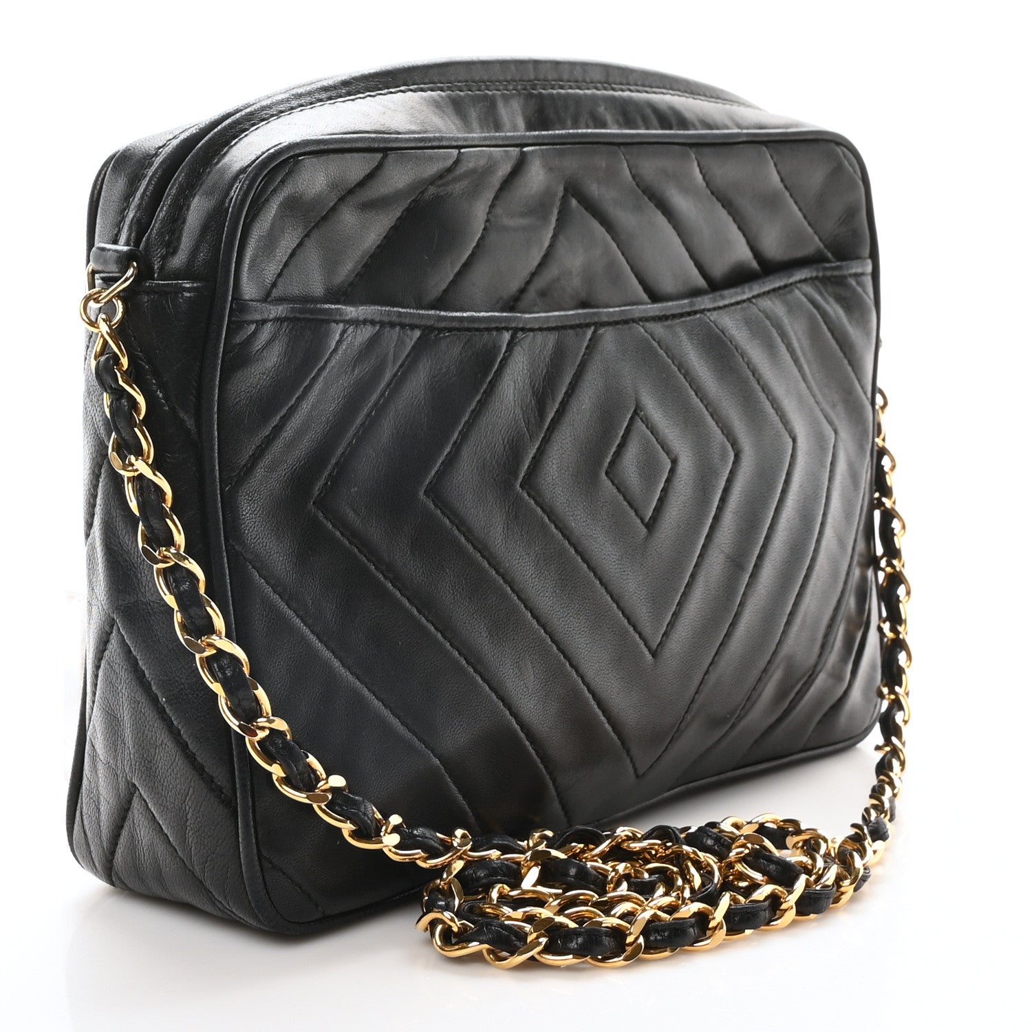 Chanel Lambskin Chevron Quilted Tassel Camera Case Black 3 of 10