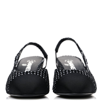 Chanel Tweed Grosgrain Cap Toe CC Slingback Pumps 40.5 Black White 3 of 11