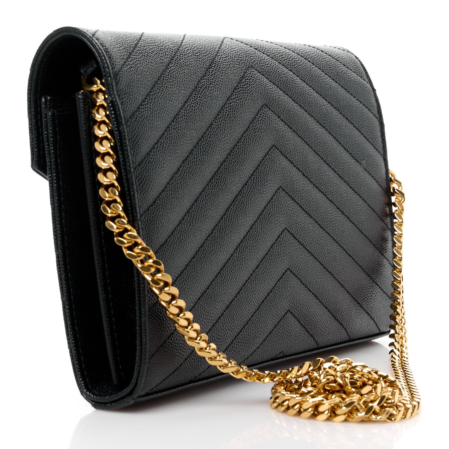 Saint Laurent Grain De Poudre Matelasse Chevron Monogram Chain Wallet Black 3 of 11