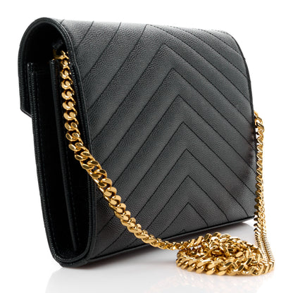 Saint Laurent Grain De Poudre Matelasse Chevron Monogram Chain Wallet Black 3 of 11