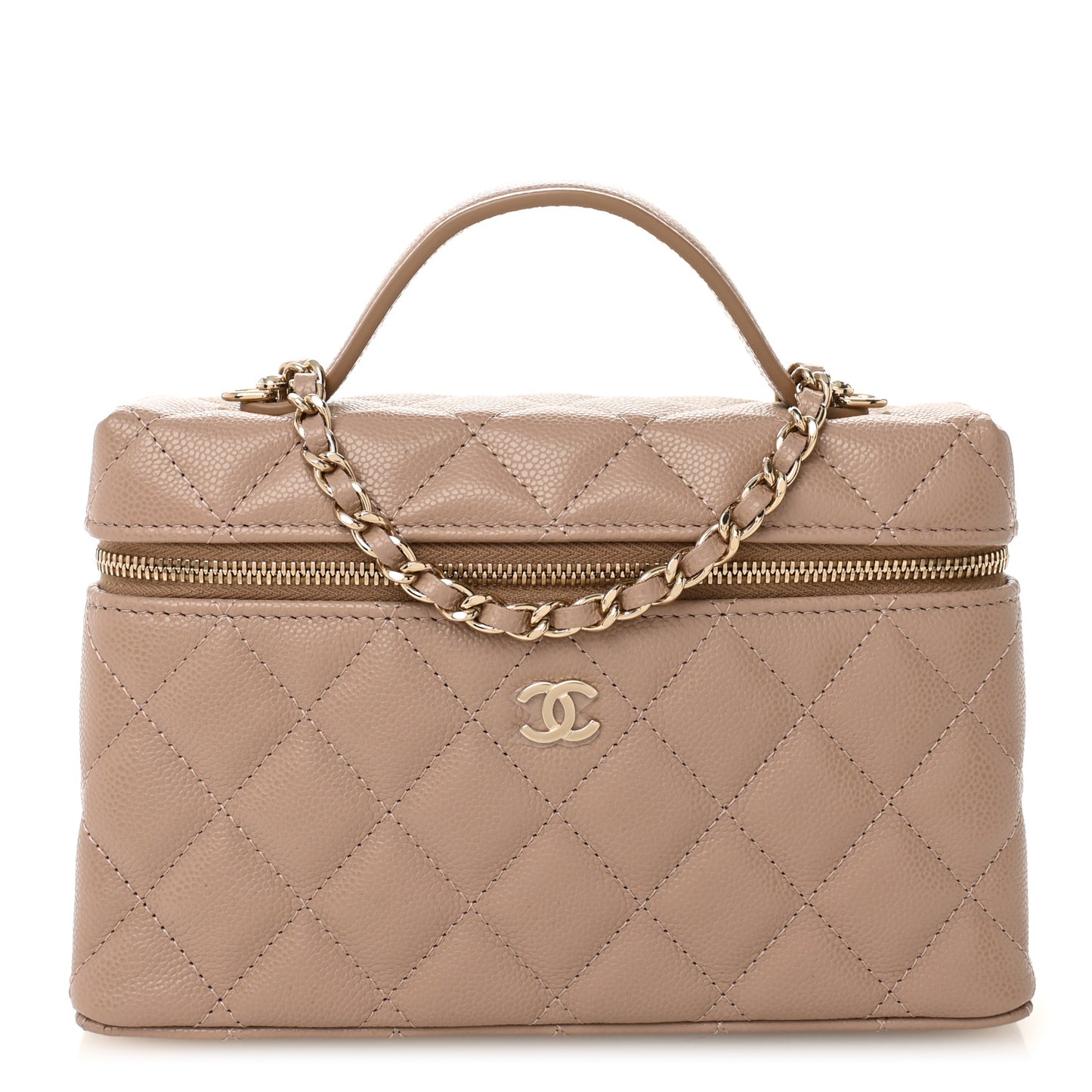 Caviar Quilted Top Handle Slim Vanity With Chain Dark Beige