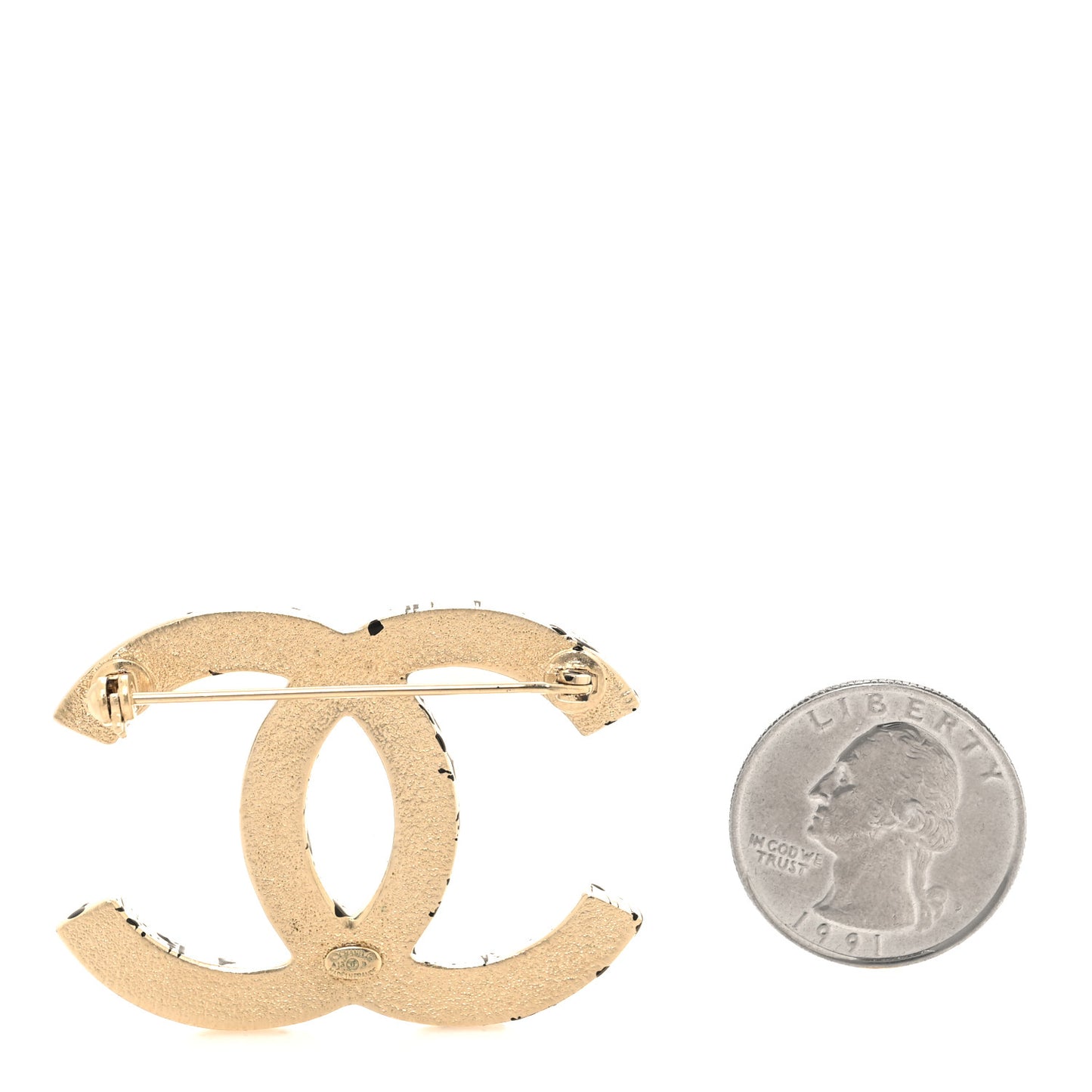 Metal Textured CC Brooch Light Gold Black