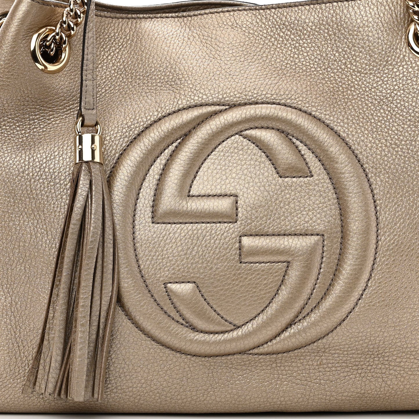 Metallic Pebbled Calfskin Medium Soho Chain Shoulder Bag Golden Beige