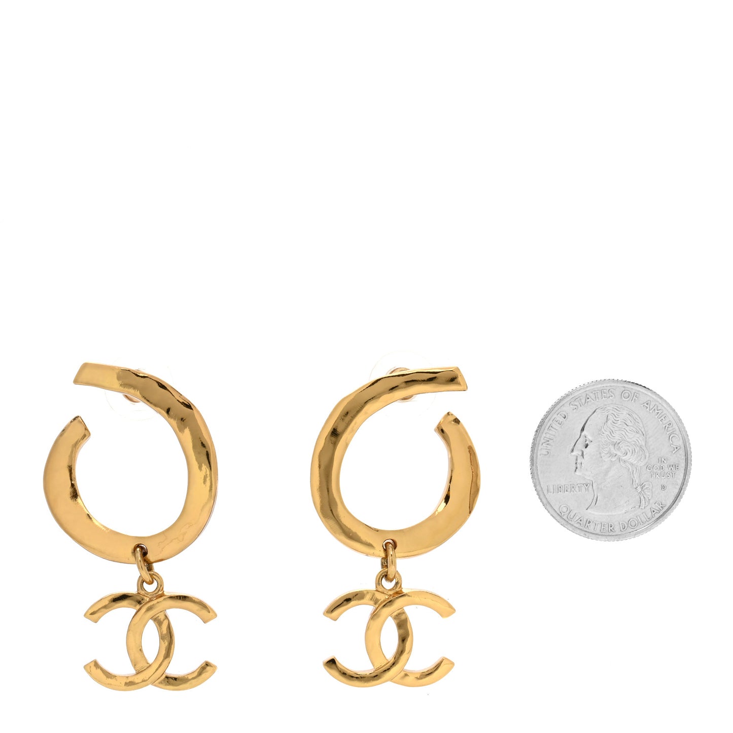 Metal Textured Hoop Drop CC Earrings Gold